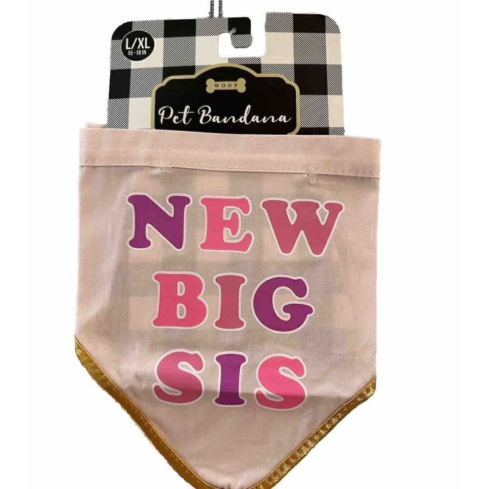 NEW BIG SIS L/XL Dog Bandana Big Sister Pink With Gold Trim By Woof NWT